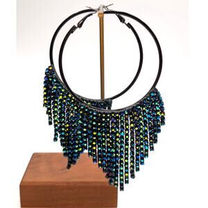 AB Blue Green Cascading Fringe Crystals on Black Metal Large Hoop Earrings